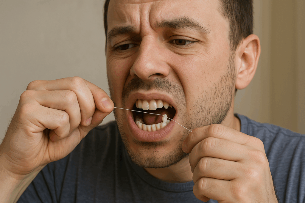 a person removing teeth with thread